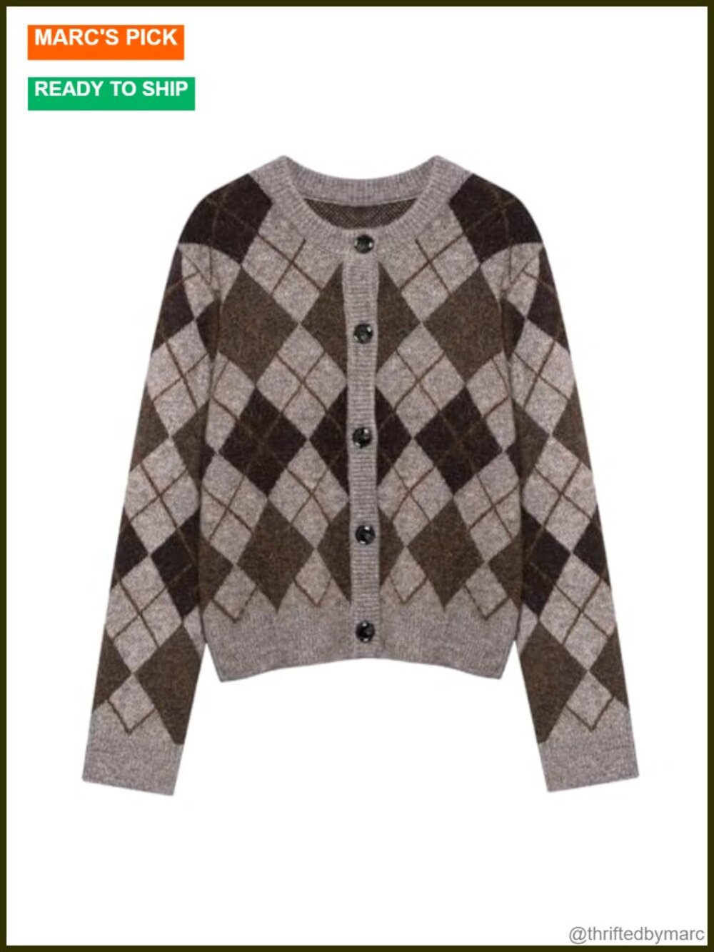 Argyle Cardigan Button Down Crew Neck Long Sleeve Knit Sweater